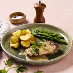 Tender Beef Fillet with Pepper Sauce Roasted Chat Potatoes and Green Beans