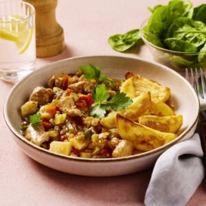 Greek Chicken and Vegetable Stew with Potato Wedges