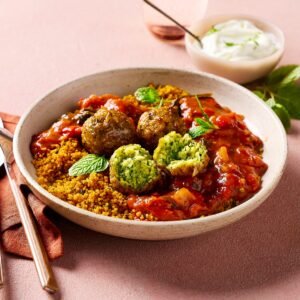 Green Chickpea Falafel with Tomato Sauce and Couscous